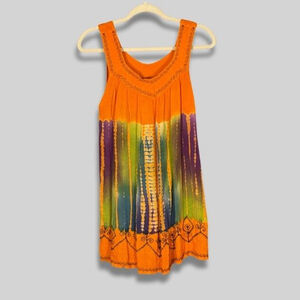 Boho Hippie Tie Dye Sleeveless Tank Top Embroidered Swirl Festival Floral Orange